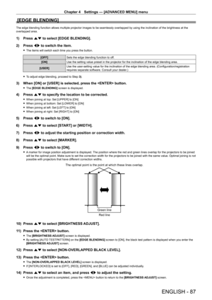 Page 87Chapter 4 Settings — [ADVANCED MENU] menu
ENGLISH - 87
[EDGE BLENDING]
The edge blending function allows multiple projector images to be seamle\
ssly overlapped by using the inclination of the brightness at the 
overlapped area.
1) Press as to select [EDGE BLENDING].
2)  
Press 
 qw to switch the item.
 fThe items will switch each time you press the button.
[OFF] Sets the edge blending function to off.
[ON] Use the setting value preset in the projector for the inclination of the edge blending area....