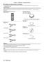 Page 22Chapter 1 Preparation — Precautions for use
22 - ENGLISH
 rComputer and external device connections
 fWhen connecting a computer or an external device, read this manual carefully regarding the use of power cords and 
shielded cables as well.
Accessories
Make sure that the following accessories are provided with your projector . Numbers enclosed in <    > show the number of 
accessories.
Wireless/wired remote control unit 
(N2QAYA000060)
Power cord 
(TXFSX03VBDZ)
(TXFSX02VBDZ)
(TXFSX03VARZ)
(TXFSX02UTRZ)...