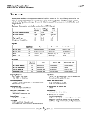 Page 17302 Compact Production Mixer 
User Guide and Technical Information page 17 
SPECIFICATIONS 
Measurement settings (unless otherwise speciﬁ  ed):  Gain controls for the channel being measured at mid 
point, all other channels gains fully down; pan switches centered; high-pass off; inputs in ‘mic’ position; 
outputs in ‘line’ position. Mic input driven with 150 ohm source. Outputs measured with 100k ohm load. 
Temperature at 25º C. 
Maximum Gain, typical (trim, fader, master, phones RTN fully up): 
 XLR...