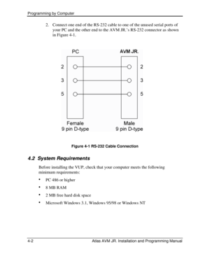 Page 56Programming by Computer  
4-2 Atlas AVM JR. Installation and Programming Manual 2. Connect one end of the RS-232 cable to one of the unused serial ports of 
your PC and the other end to the AVM JR.’s RS-232 connector as shown 
in Figure 4-1. 
 
 
Figure 4-1 RS-232 Cable Connection 
4.2 4.2   System Requirements System Requirements   
Before installing the VUP, check that your computer meets the following 
minimum requirements: 
· 
PC 486 or higher 
· 
8 MB RAM 
· 
2 MB free hard disk space 
· 
Microsoft...