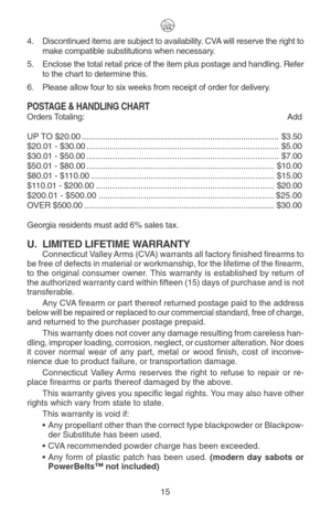 Page 1915 4. Discontinued items are subject to availability. CVA will reserve the right to
make compatible substitutions when necessary.
5. Enclose the total retail price of the item plus postage and handling. Refer
to the chart to determine this.
6. Please allow four to six weeks from receipt of order for delivery.
POSTAGE & HANDLING CHART
Orders Totaling: Add
UP TO $20.00...................................................................................$3.50
$20.01 -...