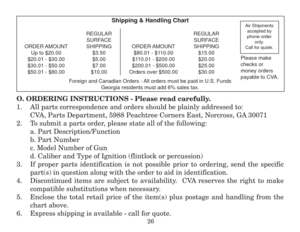 Page 28Shipping & Handling Chart
REGULAR
SURFACE
ORDER AMOUNT SHIPPING
Up to $20.00 $3.50
$20.01 - $30.00 $5.00
$30.01 - $50.00 $7.00
$50.01 - $80.00 $10.00REGULAR
SURFACE
ORDER AMOUNT SHIPPING
$80.01 - $110.00 $15.00
$110.01 - $200.00 $20.00
$200.01 - $500.00 $25.00
Orders over $500.00 $30.00
Foreign and Canadian Orders - All orders must be paid in U.S. Funds
Georgia residents must add 6% sales tax.
Air Shipments
accepted by
phone order
only.
Call for quote.
Please make
checks or
money orders
payable to CVA....