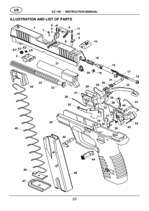 Page 9CZ 100  -  INSTRUCTION MANUAL 20 ILLUSTRATION AND LIST OF PARTS   