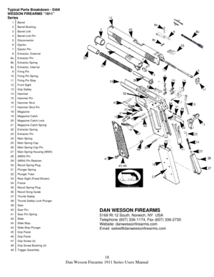 Page 1818 
Dan Wesson Firearms 1911 Series Users Manual 
Typical Parts Breakdown - DAN 
WESSON FIREARMS “1911” 
Series 
1 Barrel 
2 Barrel Bushing 
3 Barrel Link 
4  Barrel Link Pin 
5 Disconnector 
6 Ejector 
7 Ejector Pin 
8 Extractor, External 
8a   Extractor Pin 
8b Extractor Spring 
8c Extractor, Internal 
9 Firing Pin 
10  Firing Pin Spring 
11  Firing Pin Stop 
12 Front Sight 
13 Grip Safety 
14 Hammer 
15 Hammer Pin 
16 Hammer Strut 
17  Hammer Strut Pin 
18 Magazine 
19 Magazine Catch 
20  Magazine...