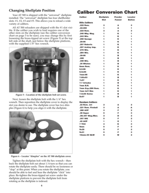 Page 66
Changing Shellplate Position
Your AT 500 is shipped with the “universal” shellplate
installed. The “universal” shellplate has four shellholder
slots: #1, #2, #3 and #5. This allows you to reload a wide
variety of calibers.
All AT 500 reloaders are shipped with the #1 slot visi-
ble. If the caliber you wish to load requires one of the
other slots on the shellplate (see the caliber conversion
chart on page 3 to be sure), you may change this by first
loosening the brass-tipped set screw (Figure 5) at the...
