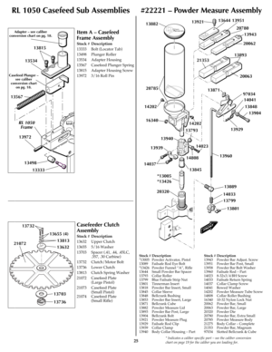 Page 2525* Indicates a caliber specific part – see the caliber conversion
chart on page 19 for the caliber you are loading for.
RL 1050 Casefeed Sub Assemblies#22221 – Powder Measure Assembly
Casefeeder Clutch
Assembly
Stock # Description
13632 Upper Clutch
13655 5/16 Washer
13703 Spacer (.41, .44, .45LC, 
.357, .30 Carbine)
13732 Clutch/Motor Bolt
13736 Lower Clutch
13813 Clutch Spring Washer
21072 Casefeed Plate 
(Large Pistol)
21073 Casefeed Plate 
(Small Pistol)
21074 Casefeed Plate 
(Small Rifle)
Item A –...