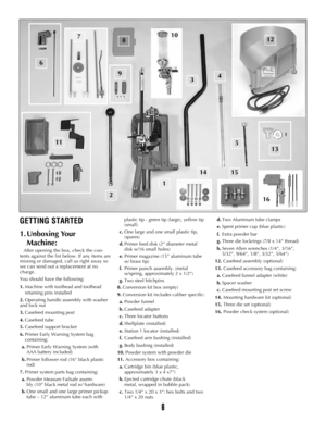 Page 56
GETTING STARTED
1. Unboxing Your 
Machine:
After opening the box, check the con-
tents against the list below. If any items are
missing or damaged, call us right away so
we can send out a replacement at no
charge.
You should have the following:
1.Machine with toolhead and toolhead 
retaining pins installed
2.Operating handle assembly with washer 
and lock nut
3.Casefeed mounting post
4.Casefeed tube
5.Casefeed support bracket
6.Primer Early Warning System bag 
containing:
a.Primer Early Warning System...