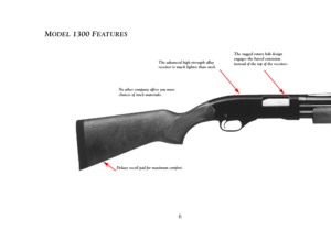 Page 86
The advanced high-strength alloy
receiver is much lighter than steel.The rugged rotary bolt design
engages the barrel extension
instead of the top of the receiver.
No other company offers you more
choices of stock materials.
Deluxe recoil pad for maximum comfort.
MODEL1300 FEATURES 