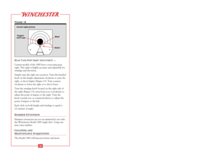 Page 25REAR
TANG
PEEP
SIGHT
ADJUSTMENT
—
Certain models of the 1885 have a rear-tang peep
sight. This sight is highly accurate and adjustable for
windage and elevation.
Simply raise the sight into position. Turn the knurled
knob on the height adjustment clockwise to raise the
sight, or shoot higher (Figure 13). Turn counter-
clockwise to lower the sight or to shoot lower.
Turn the windage knob located on the right side of
the sight (Figure 13), away from you or clockwise to
adjust the point of impact to the...