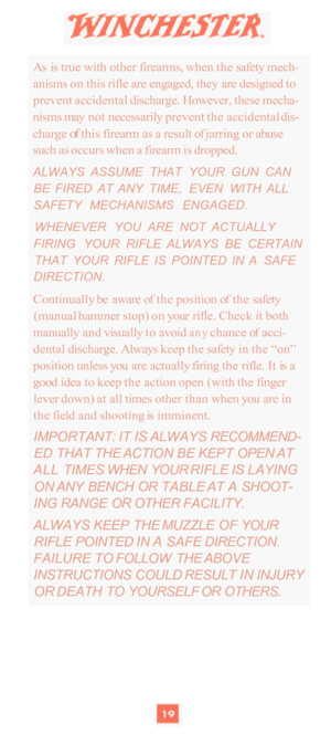 Page 21As is true with  other firearms,  when the safety  mech- 
anisms  on this  rifle  are engaged,  they are designed  to 
prevent accidental  discharge. However, 
these mecha- 
nisms  may not necessarily  prevent the accidental  dis- 
charge 
of this  firearm as a result  of jarring or  abuse 
such 
as occurs  when a  firearm is dropped. 
ALWAYS  ASSUME  THAT  YOUR  GUN  CAN 
BE  FIRED  AT  ANY  TIME,  EVEN  WITH  ALL 
SAFETY  MECHANISMS  ENGAGED. 
WHENEVER  YOU  ARE  NOT  ACTUALLY 
FIRING  YOUR  RIFLE...