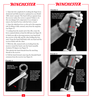 Page 51. Open the bolt completely by working the finger lever
downward and fully forward as explained in your Model
1886 ownerÕs manual. The barrel will not separate from
the receiver unless the action is opened. Failure to do
this can damage bolt components if you attempt to
remove the barrel by force with the bolt is closed.
2. Open the takedown lever on the end of the magazine
tube by lifting it fully outward, away from the magazine
(see Figure 3).
3. Looking from the muzzle end of the rifle, rotate the...