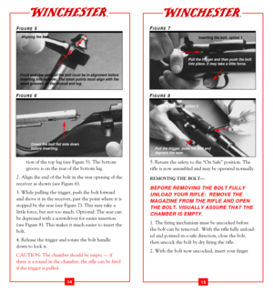 Page 95. Return the safety to the ÒOn SafeÓ position. The
rifle is now assembled and may be operated normally. 
REMOVING THE BOLTÑ
BEFORE REMOVING THE BOLT FULLY
UNLOAD YOUR RIFLE:  REMOVE THE
MAGAZINE FROM THE RIFLE AND OPEN
THE BOLT. VISUALLY ASSURE THAT THE
CHAMBER IS EMPTY. 
1. The firing mechanism must be uncocked before
the bolt can be removed.  With the rifle fully unload-
ed and pointed in a safe direction, close the bolt,
then uncock the bolt by dry firing the rifle. 
2. With the bolt now uncocked,...