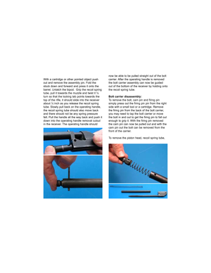 Page 14With a cartridge or other pointed object push
out and remove the assembly pin. Fold the
stock down and forward and press it onto the
barrel. Unlatch the bipod.  Grip the recoil spring
tube, pull it towards the muzzle and twist it ¼
turn so that the locking tab points towards the
top of the rifle, it should slide into the receiver
about ¼ inch as you release the recoil spring
tube. Slowly pull back on the operating handle,
the recoil spring tube should also move back
and there should not be any spring...