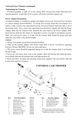 Page 3Maintaining the Trimmer
Powdered graphite or light oil on the cutting shaft will provide proper lubrication for
smooth operation. A light film of oil or grease will protect steel parts against rust.
Power Adapter Instructions
An optional adapter is available to quickly and simply convert your Universal Case Trimmer
to a power trimmer (Item #7862001).  To install, first securely mount the case trimmer on a
bench or table. Unscrew the cutter head from the Universal Trimmer shaft and slide it out of
the...