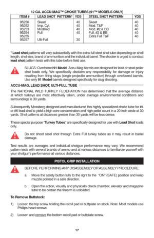 Page 1917
12 GA. ACCU-MAG™ CHOKE TUBES (91™ MODELS ONLY)
ITEM # LEAD SHOT  PATTERN* YDS STEEL SHOT PATTERN YDS
95256 Skeet 40 Skeet 40
95252 Imp. Cyl. 40 Mod. T&F 40
95253 Modified 40 Mod. #2 & BB 40
95254 Full 40 Full, #2 & BB 40
95255 Extra Full T&F 40
95257 Ulti-Full 30
* Lead shot patterns will vary substantially with the extra-full steel shot tube depending on shell
length, shot size, brand of ammunition and the individual barrel. The shooter is urged to conduct
lead shot pattern tests with this tube...