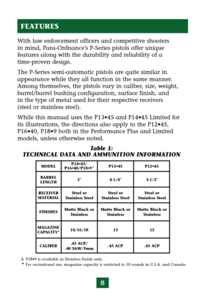 Page 128
With law enforcement officers and competitive shooters
in mind, Para-Ordnance’s P-Series pistols offer unique
features along with the durability and reliability of a
time-proven design.
The P-Series semi-automatic pistols are quite similar in
appearance while they all function in the same manner.
Among themselves, the pistols vary in caliber, size, weight,
barrel/barrel bushing configuration, surface finish, and 
in the type of metal used for their respective receivers
(steel or stainless steel).
While...