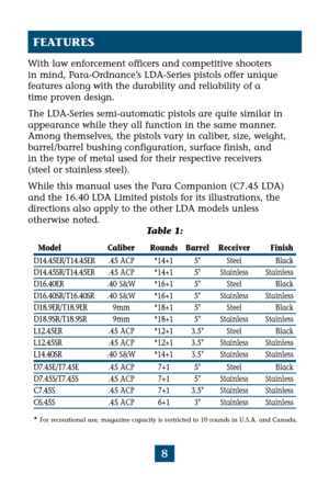 Page 128
FEATURES
With law enforcement officers and competitive shooters
in mind, Para-Ordnance’s LDA-Series pistols offer unique
features along with the durability and reliability of a
time proven design.
The LDA-Series semi-automatic pistols are quite similar in
appearance while they all function in the same manner.
Among themselves, the pistols vary in caliber, size, weight,
barrel/barrel bushing configuration, surface finish, and 
in the type of metal used for their respective receivers
(steel or stainless...