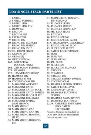 Page 4945
1. BARREL
2. BARREL BUSHING
3. BARREL LINK
4. BARREL LINK PIN
5. DRAWBAR
6. EJECTOR
7. EJECTOR PIN
8. EXTRACTOR
9. FIRING PIN
10. FIRING PIN PLUNGER
11. FIRING PIN SPRING
12. FIRING PIN STOP
13/13L. FRONT SIGHT
14. GRIP SAFETY
15. GRIP (SET)
16. GRIP SCREW (4)
16A. GRIP SCREW
LOCKING RINGS
16B. GRIP SCREW BUSHING
17A. HAMMER
17B. HAMMER (SPURLESS)*
18. HAMMER PIN
19. HAMMER STRUT
20. COCKING CAM PIN
21. MAGAZINE ASSEMBLY
22. MAGAZINE CATCH
23. MAGAZINE CATCH LOCK
24. MAGAZINE CATCH SPRING
25. MAGAZINE...