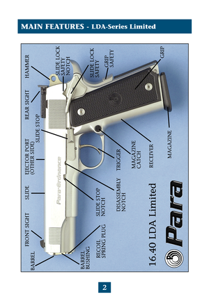 Page 62
MAIN FEATURES - LDA-Series Limited
BARREL
BARREL
BUSHING
RECOIL
SPRING PLUGSLIDE STOP
NOTCH
DISASSEMBLY
NOTCHTRIGGER
MAGAZINE
CATCH
RECEIVER
GRIP GRIP 
SAFETY SLIDE LOCK
SAFETYSLIDE LOCK
SAFETY
NOTCH HAMMER REAR SIGHT
SLIDE STOP EJECTOR PORT
(OTHER SIDE) SLIDE FRONT SIGHT
MAGAZINE
16.40 LDA Limited 