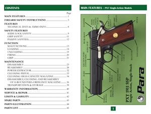Page 3
Page
MAIN FEATURES  ...............................................................................
1
FIREARM SAFETY INSTRUCTIONS  ........................................
3
FEATURES
  TECHNICAL DATA & AMMO INFO ........................................8
SAFETY FEATURES
  SLIDE LOCK SAFETY ...................................................................
9
  GRIP SAFETY .................................................................................11
  PASSIVE SAFETIES...