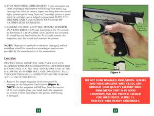 Page 10
Figure 4
DO NOT LOAD DAMAGED AMMUNITION. ALWAYS LOAD YOUR MAGAZINE WITH CLEAN, DRY, 
ORIGINAL HIGH QUALITY FACTORY MADE  AMMUNITION THAT IS IN GOOD 
 
CONDITION AND THE PROPER CALIBER 
 
FOR YOUR PISTOL (TABLE 1). 
 
PRACTICE WITH DUMMY CARTRIDGES.
SERRATED  FINGER 
GROOVES
MAGAZINE 
CATCH
BUTTON
MAGAZINE 
WELL
MAGAZINE 
FOLLOWER
MAGAZINE
2.  STOP SHOOTING IMMEDIATELY if  you encounter any other mechanical malfunction while firing your pistol, e.g., 
cartridge has failed to extract, report on firing...