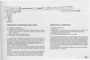 Page 15
~f-\U,
~~~~t	~
~FS~~~2~~--
I
~.
SMONTAGGIOERIMONTAGGIODELLARMA
1-Togliereilcaricatore.
2-Toglierelaviteesagonale.
3-ImpugnareIarmaconlamanasinistraeslilareinsieme
canna,contrappesoeotturatore,tenendoIarmarivolta
versoilbasso.
4-SeparareIotturatoredellacanna.
5-Rimontareconoperazioneinversa.
SiraccomandadiimpugnareIarmaconlamanasinistraedi
rivolgerlaversoilbassosoprattuttoinlasedimontaggio,
lacendoattenzionealcorrettoposizionamentodellamolla,e
ditogliereilcaricatoreprimadiiniziaredetteoperazioni....