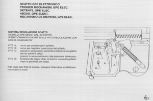 Page 17
SCATTOGPEELETTRONICO
TRIGGERMECHANISM,GPEELEC.
DETENTE,GPEELEC.
ABZUG,GPEELEKT.
MECANISMODEDISPARO,GPEELEC.
SISTEMAREGOLAZIONESCATTO
MODELL!GPEMECC.CAL.22CaRTa
SIRACCOMANoA01AGIRESULLEVITI01REGOLAZIONECON
MaLTAGRAoUAL!TA
VITEA:
VITEB:
VITEC:
VITED:
serveperposizionareilgrilletto.
serveperregolarelapercorsadelgrilletto.
girandoinsensoorario,aumentalapressionesuigrilletto
perfarpartireilcolpo;
girandoinsensoantiorario,talepressionediminuisce.
funzionadatrigger-stop:arrestalacorsadelgrilletto...