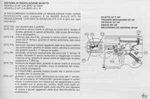 Page 19
SISTEMADIREGOLAZIONESCATTO
MDDELLDHPGALIBRO32S&W
MDDELLOSPGALlBRD22LR.
.
SIRACCOMANDADIESEGUIRElEREGOlAZIONICONlARMA
ROVESCIATA(vedidisegno)EDIAGIRESUllEVITIDI
REGOlAZIONECONMOlTAGRADUALITA(1/4digiroperogni
intervento)
VITERG:
VITECS:
VITEPS:
VITEPG:
VITEPP:
VITETS:
VITECP:
perposizionareilgrilletto.
girandoinsensaorariosiallungalacorsadel20tempodi
scatto,girandoinsensaantiorario,talecorsadiminuisce,
finoascomparire.
(internaaliaviteCS),girandoinsensaorarioaumentail...