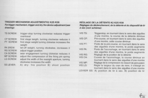 Page 35
TRIGGERMECHANISMADJUSTMENTK2K2SK58
Fortriggermechanism,triggeranddryfiredeviceadjustment(see
drawing):
TSSCREW:
CPSCREW:
PTSCREW:
PASREW:
RGSCREW:
CASCREW:
MPSCREW:
LGSCREW:
SSLEVER:
trigger-stopturningclockwisereducestrigger
overtravel
firststagelength,turningclockwisereducesit
firststageweightturningclokwiseincreasesthe
weight
let-offweight,turningclockwise,increasesit
adjusttriggerposition
searengagementturningclokwisereducesit
adjustthecompressionofthefiringpinspring...