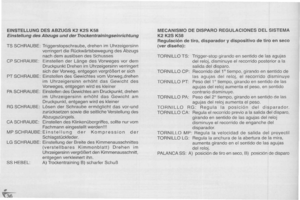 Page 36
EINSTELLUNGDESABZUGSK2K2SK58
EinstellungdesAbzugsundderTrockentrainingseinrichtung
TSSCHRAUBE:Triggerstopschraube,drehenimUhrzeigersinn
verringertdieRuckwartsbewegungdesAbzugs
nachdemauslosendesSchusses
CPSCHRAUBE:EinstellenderLangedesVorwegesvordem
DruckpunktDrehenimUhrzeigersinnverringert
sichderVorweg,entgegenvergroBertersich
PTSCHRAUBE:EinstellendesGewichtesvomVorweg,drehen
imUhrzeigersinnerhohtdasGewichtdes
Vorweges,entgegenwirdeskleiner
PASCHRAUBE:EinstellendesGewichtesamDruckpunkt,drehen...