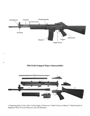 Page 4 
7
 
 
 
 
 
 
 
 
 
 
 
 
 
 
 
 
 
 
 
 
 
 
 
 
 
 
 
 
 
 
 
 
 
 
8  
 
 
 
 
 
 
 
 
 
 
 
 
 
 
 
 
 
 
 
 
 
 
 
 
 
 
 
 
 
 
 
 
 
 
 
 
 
 
 
 
 
 
 
 
 M96 Field Stripped Major Subassemblies 
1) Operating Rod; 2) Gas Tube; 3) Rear Sight; 4) Receiver; 5) Bolt Carrier; 6) Barrel; 7) Hand Guard; 8) 
Magazine Well; 9) Lower Receiver; and 10) Buttstoc
k  