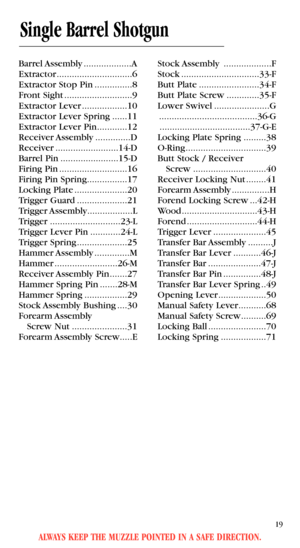 Page 21ALWAYS KEEP THE MUZZLE POINTED IN A SAFE DIRECTION.
19
Single Barrel Shotgun
Barrel Assembly ...................A
Extractor ..............................6
Extractor Stop Pin ...............8
Front Sight ...........................9
Extractor Lever ..................10
Extractor Lever Spring ......11
Extractor Lever Pin............12
Receiver Assembly ..............D
Receiver .........................14-D
Barrel Pin .......................15-D
Firing Pin ...........................16
Firing Pin...