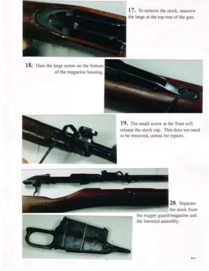 Page 718. Then the large screw on the bottom
of the masazine housins.
17. To remove the stock, unscrew
the large at the top rear of the gun.
L9. The small screw at the front will
release the stock cap. This does not need
to be removed, unless for repairs.
20. Separate
the stock from
the trigger guardlmagazine and
the barreled assemblv. 