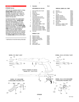 Page 10S E C T I O N   8
S T R I K E RS e r i e s
PARTS MAYBE ORDERED DIRECTLYFROM
SAVAGE ARMS[PHONE 413-568-7001]
BETWEEN THE HOURS OF9:00 AND 3:30
(EASTERN STANDARD TIME).  THERE IS A
MINIMUM ORDER AND PLEASE ALLOW 2
WEEKS FOR DELIVERY.
PLEASE BE ADVISED THAT SOME PARTS 
MAYREQUIRE FITTING.  SAVAGE ARMS
BEARS NO RESPONSIBILITYFOR THE
FUNCTION OR PERFORMANCE OFANY
FIREARM THAT HAS BEEN REPAIRED OR
MODIFIED BYOTHER THAN SAVAGE ARMS
SERVICE DEPARTMENT.AS SUCH, SAVAGE
ARMSACCEPTS NO RESPONSIBILITY/
LIABILITYFOR...