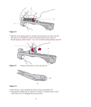 Page 1313
Figure E
Push the recoil spring guide (2) carefully forward and to one side or lift off
and remove recoil spring (3) and recoil spring guide (2) from slide (4).
Recoil spring is under tension - use care to control spring during removal!
Figure FRemove the barrel (1) from the slide (4).
Figure G
Grip removal - press retaining lug (45a) to remove grip plate (45).
The grip plate should only be removed if weapon is extremely dirty (water, 
sand, mud, etc) or if changing between grip sizes....