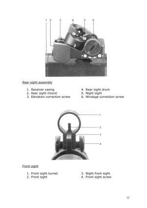 Page 12 
 
Rear sight assembly 
 
1. Receiver casing 
2. Rear sight mount 
3. Elevation correction screw 
4. Rear sight drum 
5. Night sight 
6. Windage correction screw 
 
 
 
 
 
Front sight 
 
1. Front sight tunnel 
2. Front sight 
3. Night front sight 
4. Front sight screw 
 
 
 
 12  