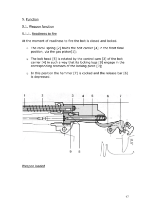 Page 475. Function 
 
5.1. Weapon function 
 
5.1.1. Readiness to fire 
 
At the moment of readiness to fire the bolt is closed and locked. 
 
