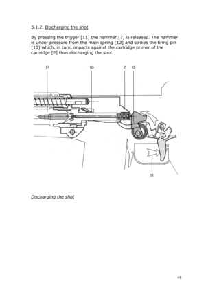 Page 485.1.2. Discharging the shot 
 
By pressing the trigger [11] the hammer [7] is released. The hammer 
is under pressure from the main spring [12] and strikes the firing pin 
[10] which, in turn, impacts against the cartridge primer of the 
cartridge [P] thus discharging the shot. 
 
 
 
 
 
Discharging the shot 
 
 
 
 
 
 
 
 
 
 
 
 
 
 48  