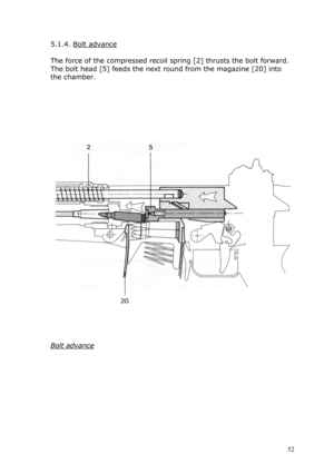 Page 525.1.4. Bolt advance 
 
The force of the compressed recoil spring [2] thrusts the bolt forward. 
The bolt head [5] feeds the next round from the magazine [20] into 
the chamber. 
 
 
 
 
 
 
 
 
 
 
 
 
Bolt advance 
 
 
 
 
 
 
 
 
 
 
 52  