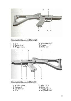 Page 10 
 
Trigger assembly and butt from right 
 
1. Butt 
2. Safety lever 
3. Trigger casing 
4. Magazine catch 
5. Trigger 
6. Pistol grip 
 
 
 
Trigger assembly and butt from left 
 
1. Trigger casing 
2. Bolt catch 
3. Safety lever 
4. Butt 
5. Butt catch 
6. Pistol grip 
7. Trigger guard 
8. Magazine catch 
 10  