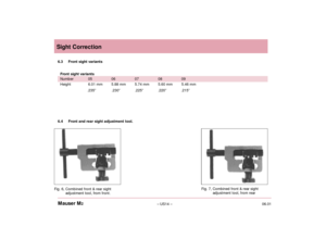 Page 1606.01– US14 – Mauser M2Sight Correction
6.3 Front sight variants
Front sight variantsNumber 05 06 07 08 09
Height 6.01 mm 5.88 mm 5.74 mm 5.60 mm 5.46 mm
.235”               .230”              .225”              .220”              .215”
6.4 Front and rear sight adjustment tool.Fig. 6, Combined front & rear sight
adjustment tool, from front. Fig. 7, Combined front & rear sight
adjustment tool, from rear Mauser M2 OM.qxd  6/5/01  12:28 PM  Page US14 