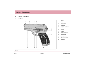 Page 706.01– US5 –Mauser M2Product Description
3 Product Description
3.1 Main parts
1 Barrel
4  Slide
5 Front sight
6  Rear sight
16 Loaded chamber
indicator
19 Frame
21 Trigger
26 Slide catch lever
37 Safety lock
42 Control lever
43 Magazine catch
52 MagazineFig. 1Mauser M2 OM.qxd  6/5/01  12:28 PM  Page US5 