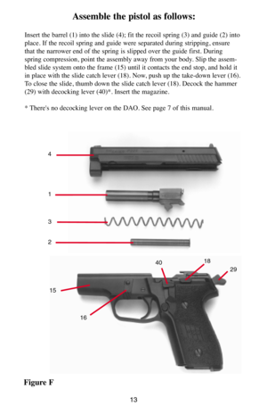 Page 1313
Assemble the pistol as follows:
Insert the barrel (1) into the slide (4); fit the recoil spring (3) and guide (2) into
place. If the recoil spring and guide were separated during stripping, ensure
that the narrower end of the spring is slipped over the guide first. During
spring compression, point the assembly away from your body. Slip the assem-
bled slide system onto the frame (15) until it contacts the end stop, and hold it
in place with the slide catch lever (18). Now, push up the take-down lever...