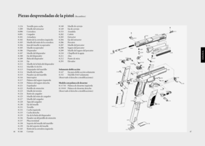 Page 2447
ESPAÑOL
Piezas desprendadas de la pistol (Recambios)
3.124 Tornillo para cacha
3.209 Muelle del extractor
8.090 Corredera
8.091 Cargador
8.101 Armadura
8.102 Retén de la corredera izquierda
8.103 Muelle del retén de la corredera
8.104 Juía del muelle recuperador 
8.105 Muelle recuperador
8.106 Disparador
8.107 Muelle del disparador
8.108 Eje del disparador
8.109 Biela del dispirador
8.110 Eje
8.111 Muelle de la biela del disparador
8.112 Martillo SA & DA
8.113 Empujador del martillo
8.114 Muelle del...