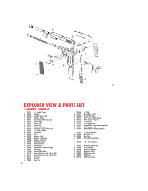 Page 2525
MODEL 1911-A1
CAL .45
3c
3
3a2a
3b2
2b2e 2c
2d
2g 2h 2i
11j2f1m1n1o
1w
1q
1r1p
1l
1k
1i
4
5b 5c5d1s
1t
1u
5k 5 1h
1e 1d 1c1b 1a
1f
1x
1v
1g1y1h1z
25
1. PI9911 .45 “Loaded” Frame
1a. PI0037 Slide Stop
1b. PH5036 Extended Thumb Safety
1c. PI0044 Slide Stop Plunger
1d. PI0042 Thumb Safety/Slide Stop Spring
1e. PI0043 Safety Plunger
1f. PI0041 Plunger Tube
1g. PI0017 Hammer Pin
1h. PI0015 Grip Screw Escutcheon
1i. PI0026 Mainspring Housing Retainer Pin
1j. PI4507 .45 Ejector, Extended
1k. PI0005...