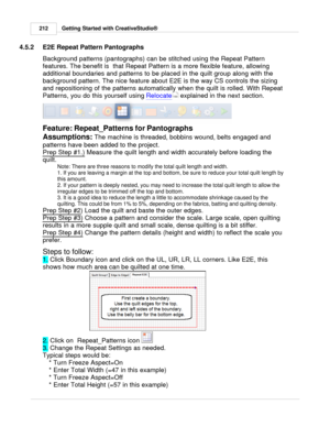 Page 212Getting Started with CreativeStudio®
212
4.5.2 E2E Repeat Pattern Pantographs
Background patterns (pantographs) can be stitched using the Repeat Pattern
features. The benefit is  that Repeat Pattern is a more flexible feature, allowing
additional boundaries and patterns to be placed in the quilt group along with the
background pattern. The nice feature about E2E is the way CS controls the sizing
and repositioning of the patterns automatically when the quilt is rolled. With Repeat
Patterns, you do this...