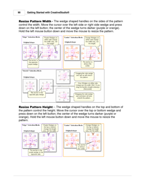 Page 90Getting Started with CreativeStudio®
90
Resize Pattern Width  - 
The wedge shaped handles on the sides of the pattern
control the width. Move the cursor over the left side or right side wedge and press
down on the left button; the center of the wedge turns darker (purple or orange).
Hold the left mouse button down and move the mouse to resize the pattern.  
Resize Pattern Height  - 
.The wedge shaped handles on the top and bottom of
the pattern control the height. Move the cursor over the top or bottom...