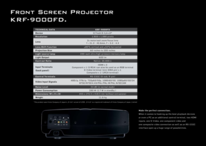 Page 9
Front Screen Projector  
KRF-9000FD.
Make the per f ect connection. 
W hen it come s t o hook ing up t he be s t pl ay back de vice s 
or e v en a P C as an additional con t r ol t er minal , t w o HDMI 
inpu t s , one S -V ideo, one componen t video and  
one composit e video connec tion as w el l as an R S -232C 
in t er face open up a huge r ange of pos sibil itie s .
TE c HNI c a l Da Ta K R F-9000F D
De v ice0.7inch D - IL A x 3*
Resol ution1,920 x 1,080 pixel s
l ens2 x mo t orised zoom / f ocus l...
