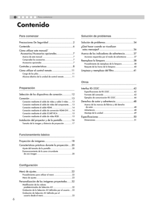 Page 1106
1Para comenzar
...................................................Para comenzar
Precauciones De Seguridad ..................................2
Contenido ...........................................................6
Cómo utilizar este manual/
Accesorios/Accesorios opcionales....................... 7
Acerca de este manual .................................................... 7
Compruebe los accesorios................................................ 7
Accesorios opcionales...
