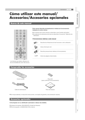 Page 1117
Para comenzarPreparación
Funcionamiento básico
Configuración
Solución de problemas
Otros
ESPAÑOL
Cómo utilizar este manual/
Accesorios/Accesorios opcionales
zSe incluye además un manual de instrucciones, una tarjeta de garantía y documentación impresa.
Comuníquese con su distribuidor autorizado si desea más detalles.
z
Lámpara de repuesto: BHL5009-S(P) (Unidad de lámpara)
zFiltro de repuesto: LC32058-002A (Filtro interno)
Acerca de este manual
Este manual describe principalmente el método de...